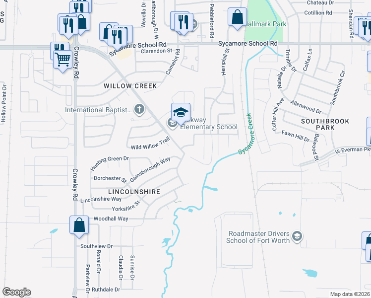 map of restaurants, bars, coffee shops, grocery stores, and more near 1325 Rosedale Springs Lane in Fort Worth