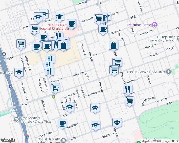 map of restaurants, bars, coffee shops, grocery stores, and more near 405 Halsey Street in Chula Vista