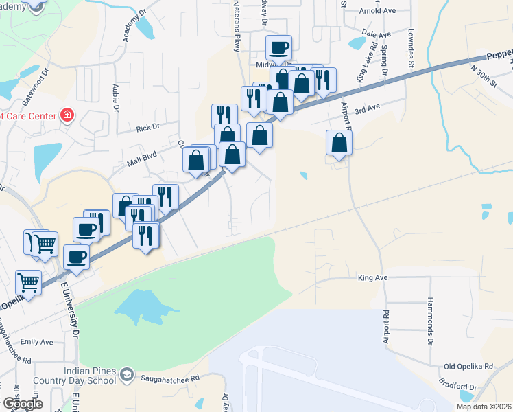 map of restaurants, bars, coffee shops, grocery stores, and more near 2100 Dutch Court in Opelika
