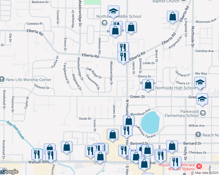 map of restaurants, bars, coffee shops, grocery stores, and more near 210 Meadowridge Drive in Warner Robins