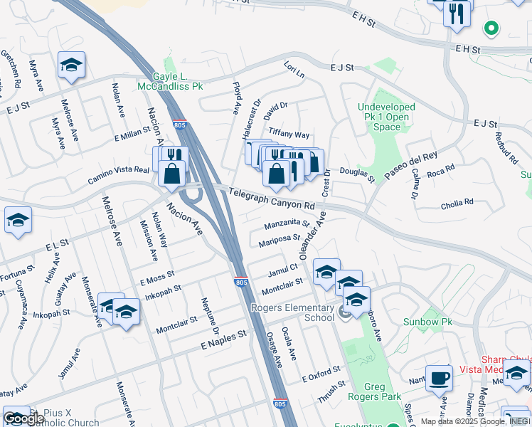 map of restaurants, bars, coffee shops, grocery stores, and more near 554 Telegraph Canyon Road in Chula Vista