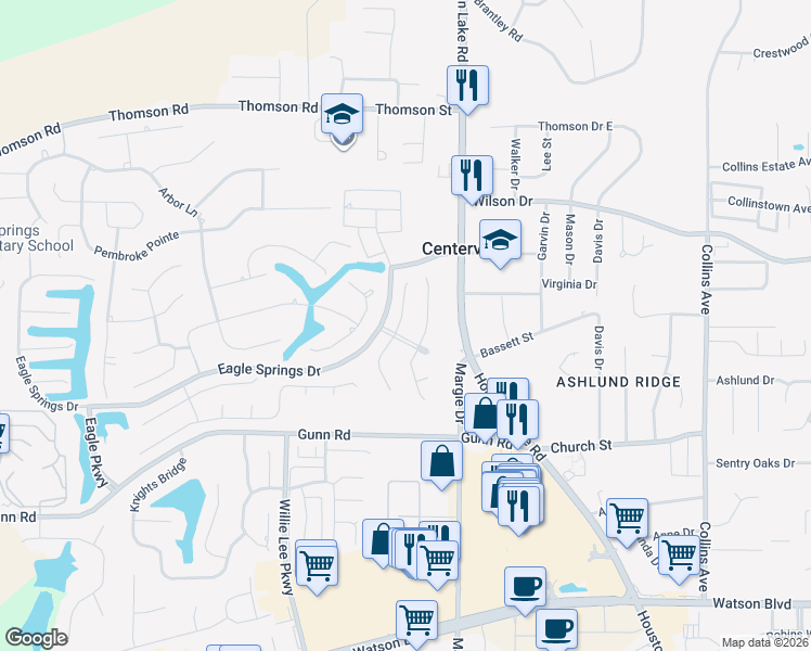 map of restaurants, bars, coffee shops, grocery stores, and more near 104 Huntington Way in Centerville