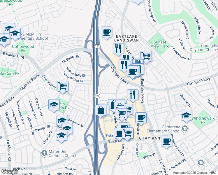 map of restaurants, bars, coffee shops, grocery stores, and more near 1444 Suwerte Avenue in Chula Vista