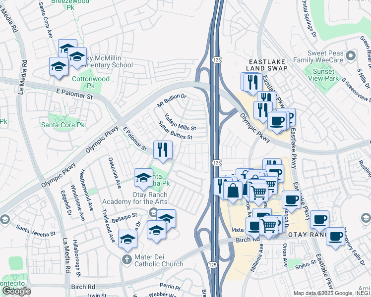 map of restaurants, bars, coffee shops, grocery stores, and more near 1400 Sutter Buttes Street in Chula Vista