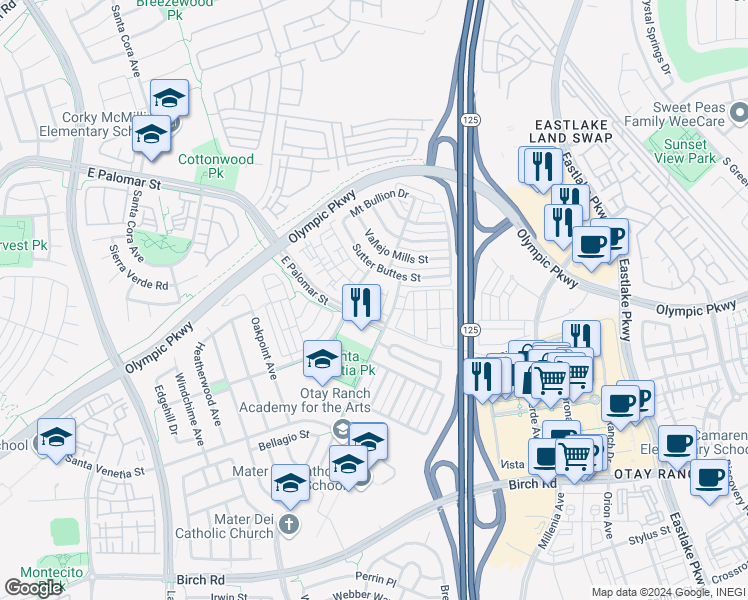 map of restaurants, bars, coffee shops, grocery stores, and more near 89 View Park Way in Chula Vista