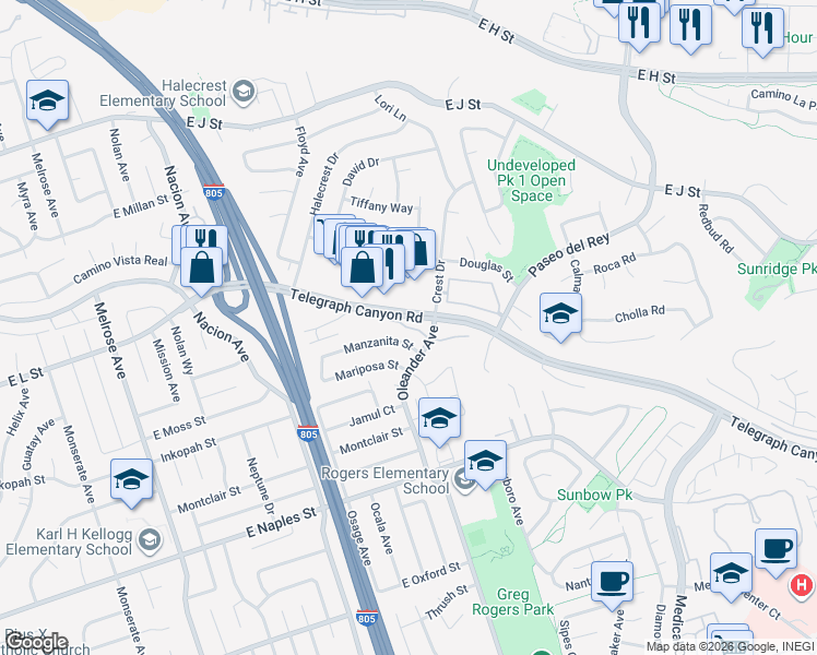 map of restaurants, bars, coffee shops, grocery stores, and more near 590 Telegraph Canyon Road in Chula Vista