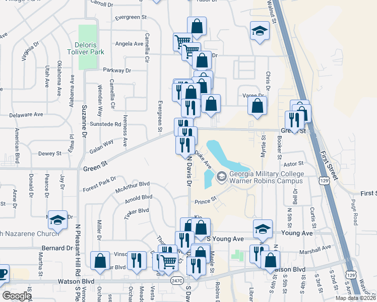 map of restaurants, bars, coffee shops, grocery stores, and more near 473 North Davis Drive in Warner Robins