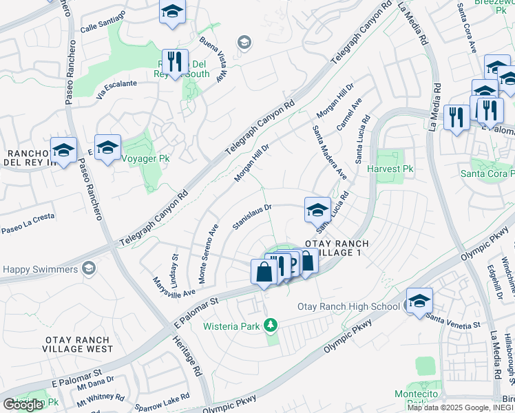 map of restaurants, bars, coffee shops, grocery stores, and more near 1405 Stanislaus Drive in Chula Vista
