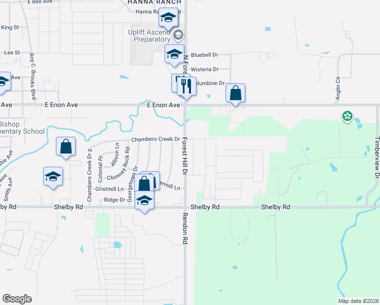 map of restaurants, bars, coffee shops, grocery stores, and more near 8305-8441 Forest Hill Drive in Fort Worth