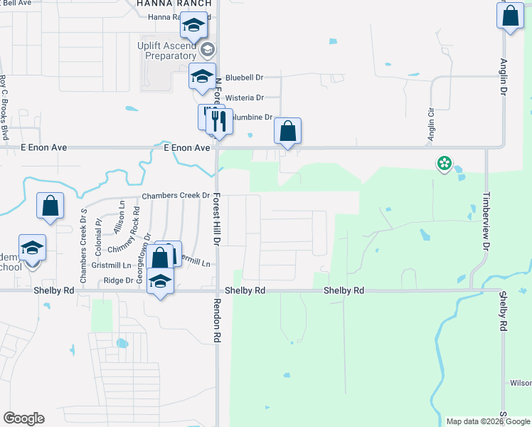 map of restaurants, bars, coffee shops, grocery stores, and more near 8305-8441 Forest Hill Drive in Fort Worth