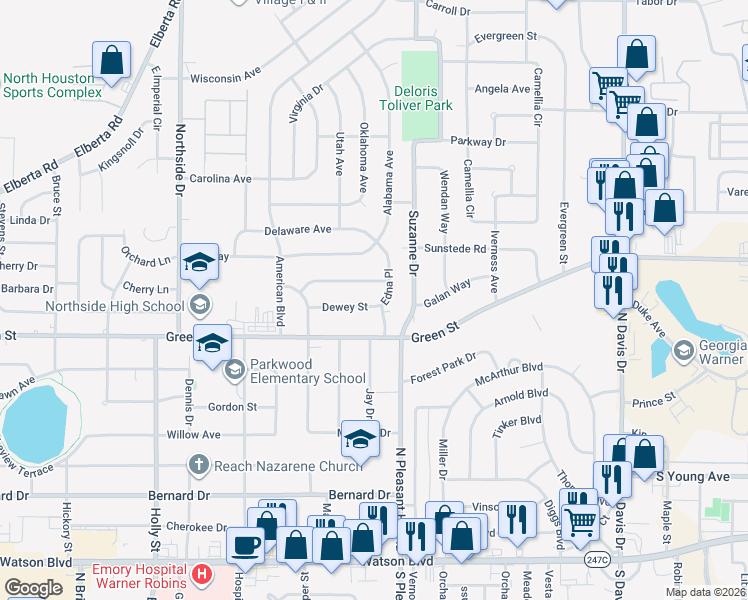 map of restaurants, bars, coffee shops, grocery stores, and more near 120 Dewey Street in Warner Robins