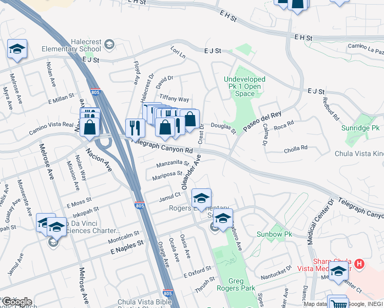 map of restaurants, bars, coffee shops, grocery stores, and more near 590 Telegraph Canyon Road in Chula Vista