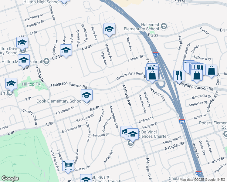 map of restaurants, bars, coffee shops, grocery stores, and more near 200 Telegraph Canyon Road in Chula Vista