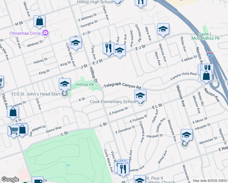map of restaurants, bars, coffee shops, grocery stores, and more near 57 El Capitan Drive in Chula Vista