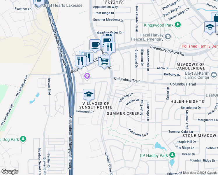 map of restaurants, bars, coffee shops, grocery stores, and more near 7913 Branch Hollow Trail in Fort Worth
