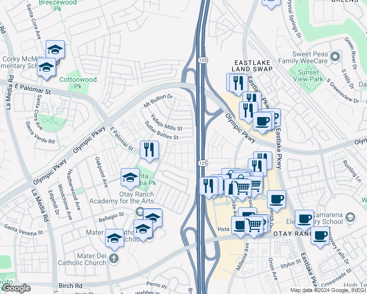 map of restaurants, bars, coffee shops, grocery stores, and more near 1431 Trouville Lane in Chula Vista