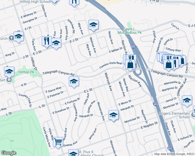 map of restaurants, bars, coffee shops, grocery stores, and more near 200 Telegraph Canyon Road in Chula Vista