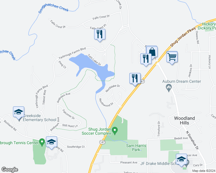 map of restaurants, bars, coffee shops, grocery stores, and more near 1168 Northlake Drive in Auburn