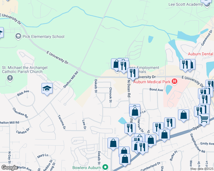 map of restaurants, bars, coffee shops, grocery stores, and more near 839 Chickasaw Avenue in Auburn