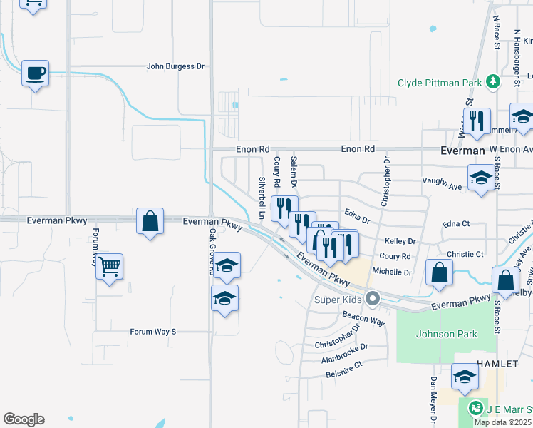 map of restaurants, bars, coffee shops, grocery stores, and more near 8617 Silverbell Lane in Fort Worth