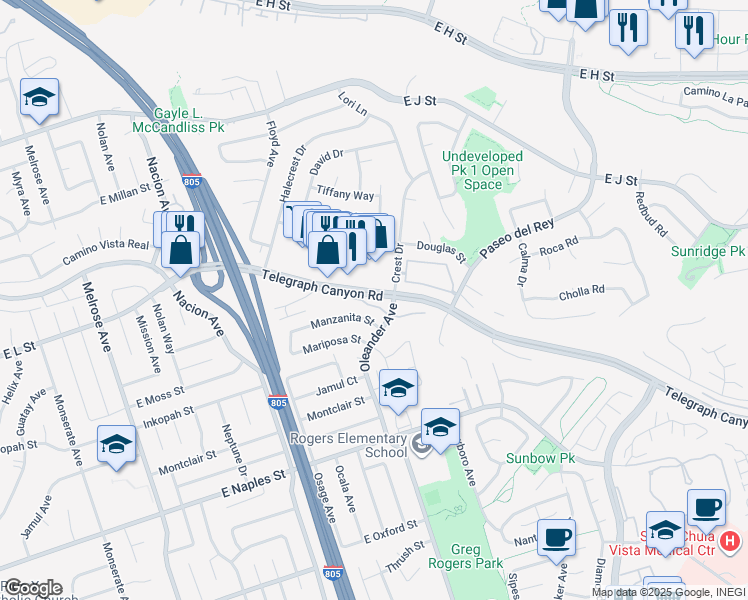map of restaurants, bars, coffee shops, grocery stores, and more near 590 Telegraph Canyon Road in Chula Vista