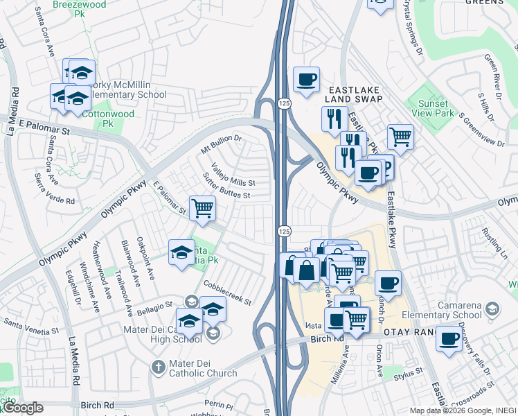 map of restaurants, bars, coffee shops, grocery stores, and more near 1431 Trouville Lane in Chula Vista