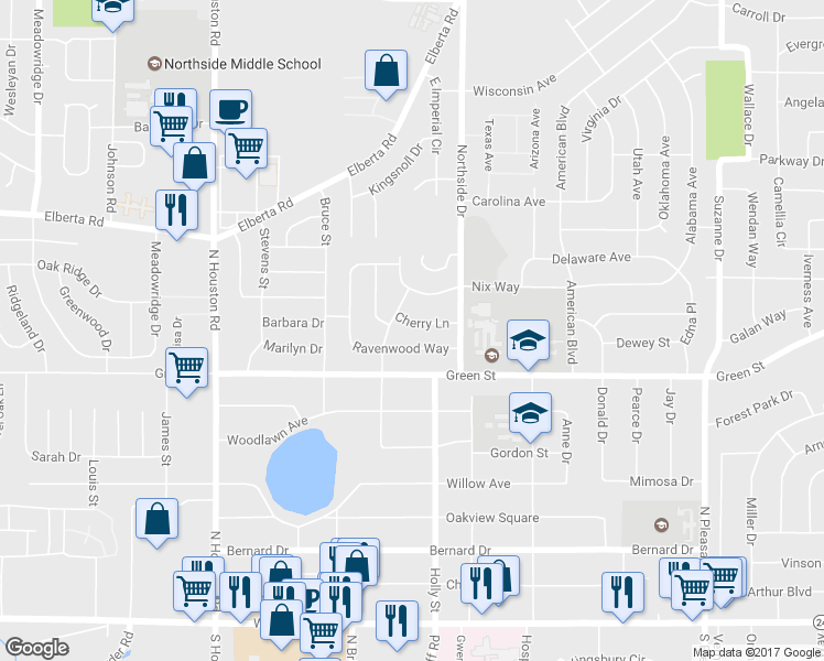 map of restaurants, bars, coffee shops, grocery stores, and more near 105 Cherry Lane in Warner Robins