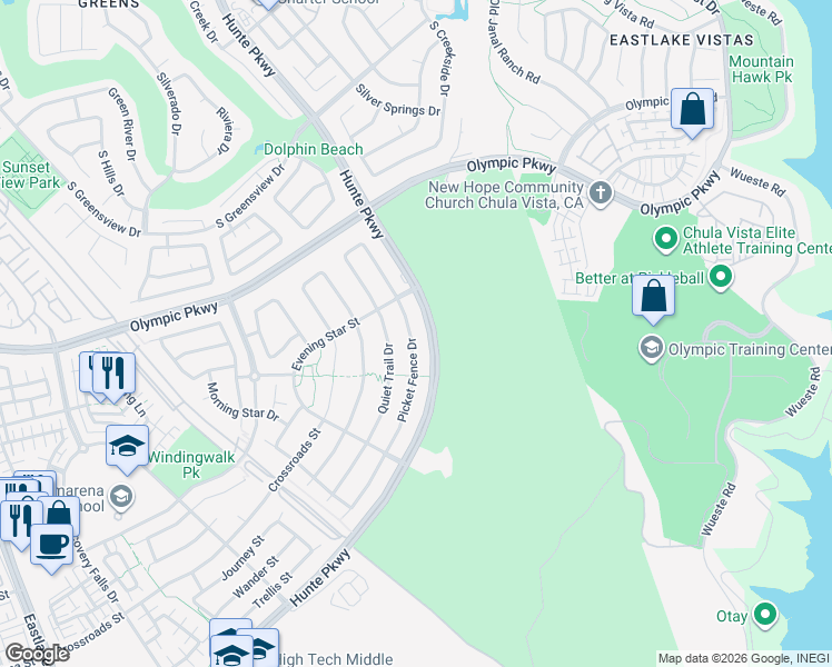 map of restaurants, bars, coffee shops, grocery stores, and more near 1600 Picket Fence Drive in Chula Vista