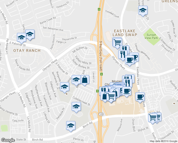 map of restaurants, bars, coffee shops, grocery stores, and more near 1460 Paint Brush Drive in Chula Vista