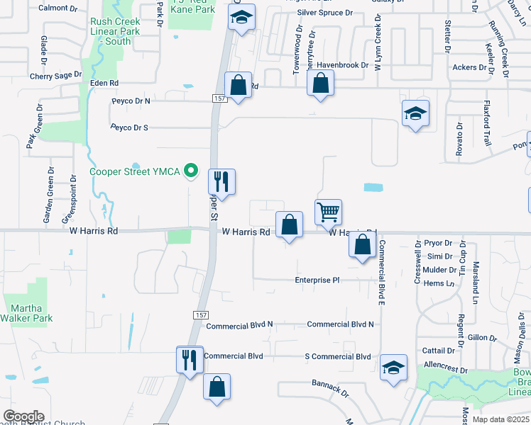 map of restaurants, bars, coffee shops, grocery stores, and more near 1121 West Harris Road in Arlington