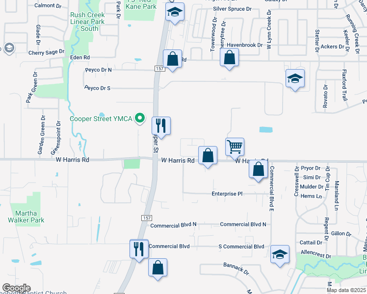 map of restaurants, bars, coffee shops, grocery stores, and more near 1201 West Harris Road in Arlington