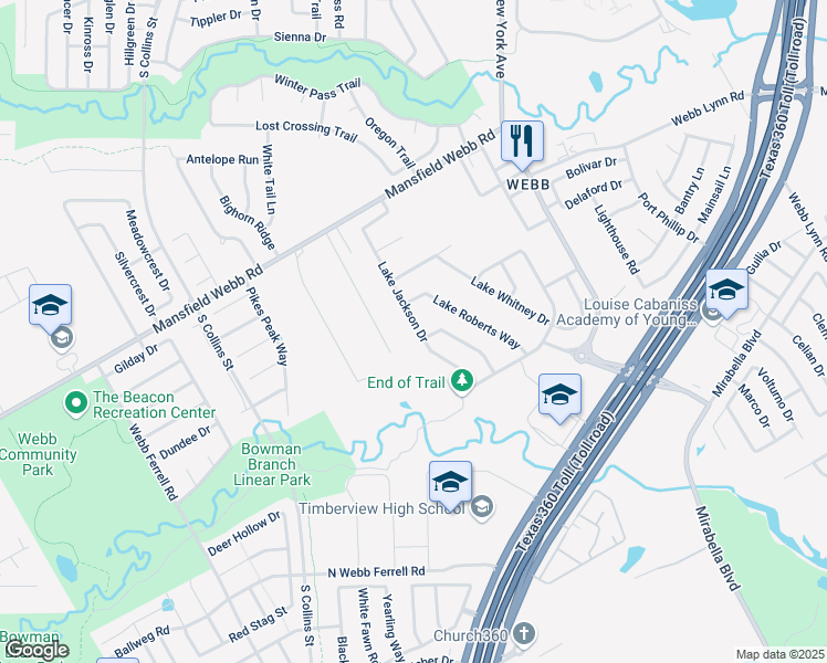 map of restaurants, bars, coffee shops, grocery stores, and more near 7020 Lake Jackson Drive in Arlington