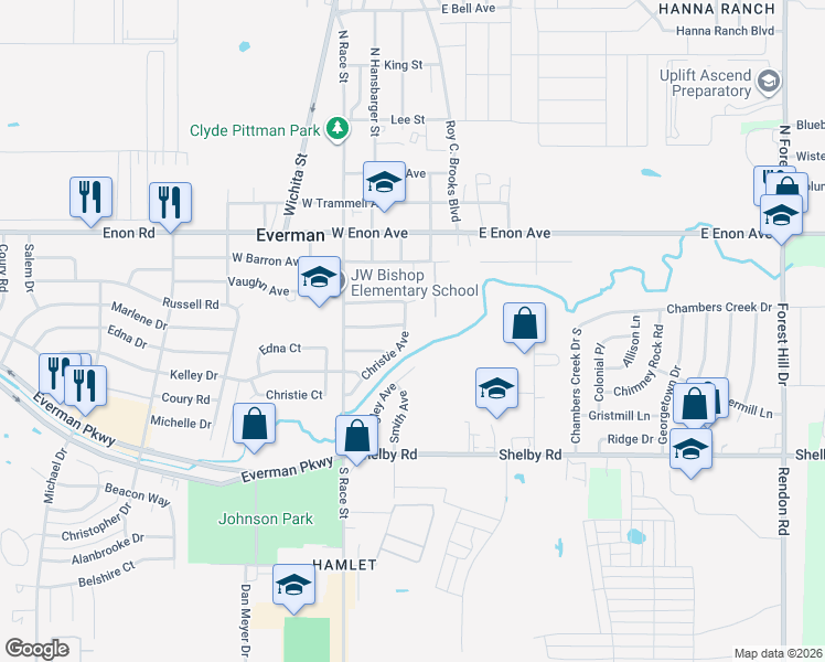 map of restaurants, bars, coffee shops, grocery stores, and more near 321 Christie Avenue in Everman
