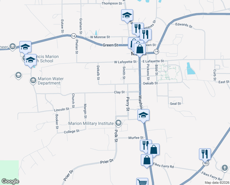map of restaurants, bars, coffee shops, grocery stores, and more near 300 Clay Street in Marion