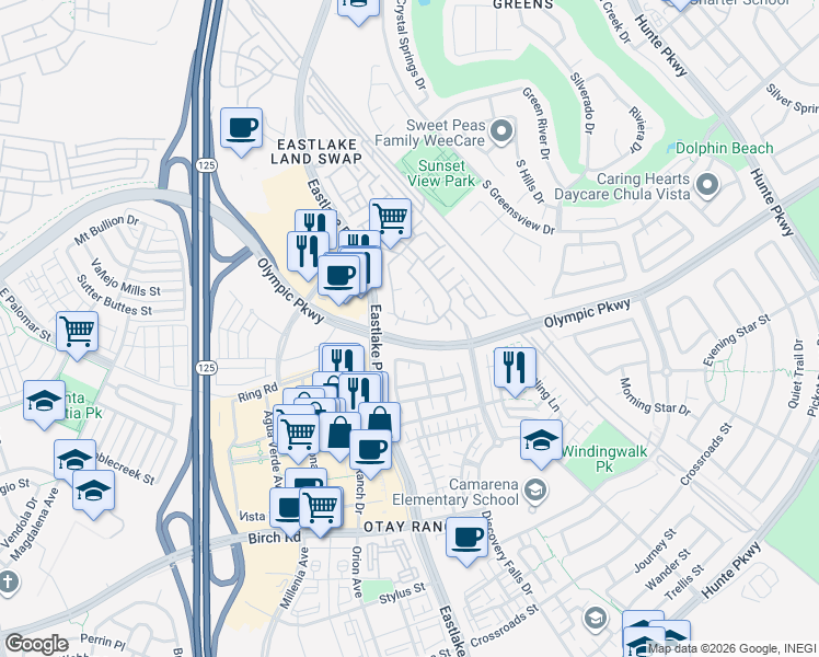 map of restaurants, bars, coffee shops, grocery stores, and more near 1532 Caminito Sicilia in Chula Vista