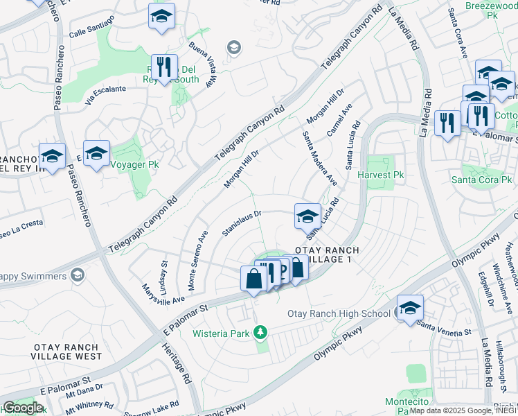 map of restaurants, bars, coffee shops, grocery stores, and more near 1405 Stanislaus Drive in Chula Vista