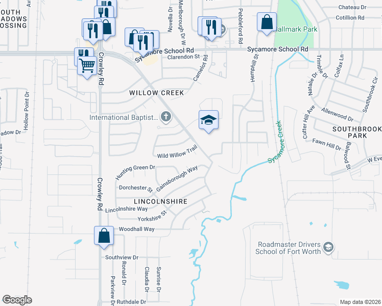 map of restaurants, bars, coffee shops, grocery stores, and more near 8500 Willow Creek Court in Fort Worth