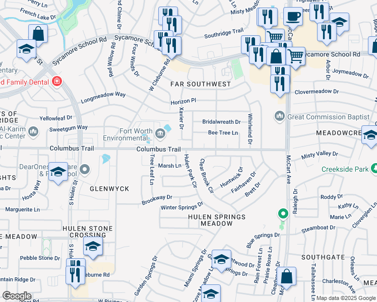 map of restaurants, bars, coffee shops, grocery stores, and more near 6801 Hulen Park Circle in Fort Worth