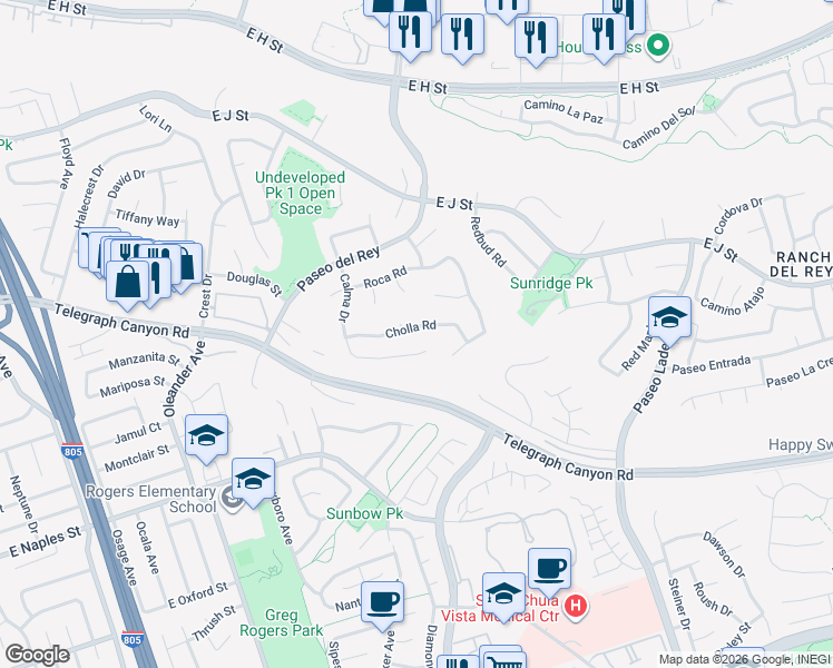 map of restaurants, bars, coffee shops, grocery stores, and more near 748 Cholla Road in Chula Vista
