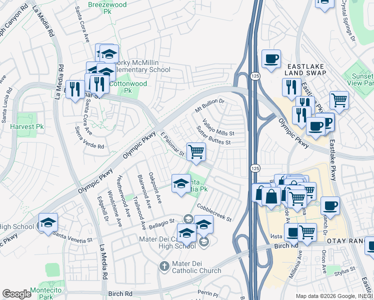 map of restaurants, bars, coffee shops, grocery stores, and more near 1388 Challis Place in Chula Vista