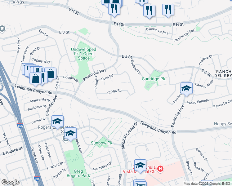 map of restaurants, bars, coffee shops, grocery stores, and more near 748 Cholla Road in Chula Vista