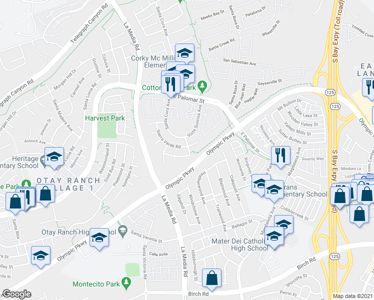 map of restaurants, bars, coffee shops, grocery stores, and more near 1750 Sierra Verde Road in Chula Vista