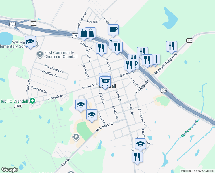 map of restaurants, bars, coffee shops, grocery stores, and more near in Crandall