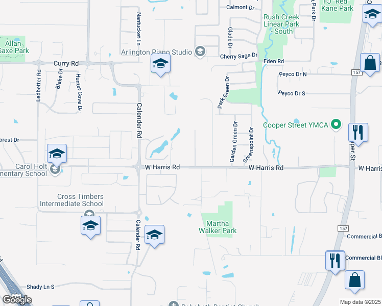 map of restaurants, bars, coffee shops, grocery stores, and more near 2401 West Harris Road in Arlington