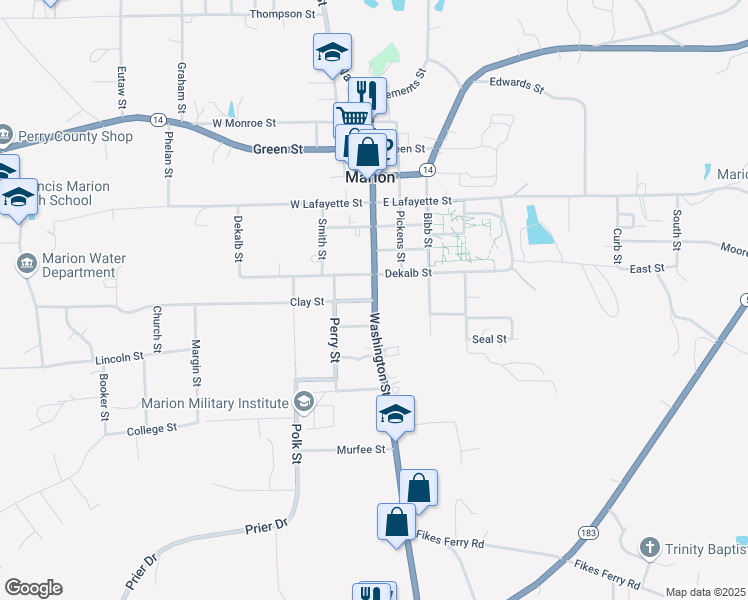 map of restaurants, bars, coffee shops, grocery stores, and more near 100 Clay Street in Marion