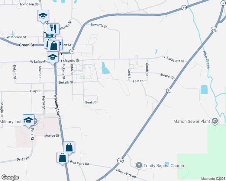 map of restaurants, bars, coffee shops, grocery stores, and more near 500 East Street in Marion