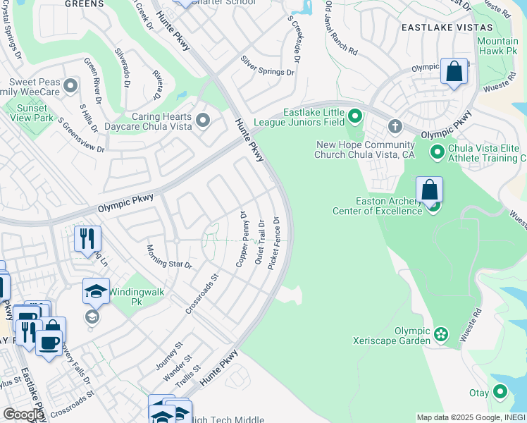 map of restaurants, bars, coffee shops, grocery stores, and more near 1607 Quiet Trail Drive in Chula Vista