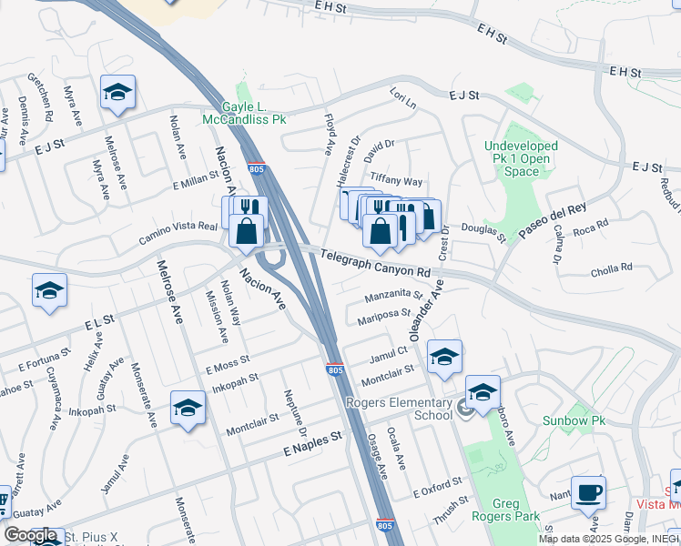 map of restaurants, bars, coffee shops, grocery stores, and more near 530 Telegraph Canyon Road in Chula Vista