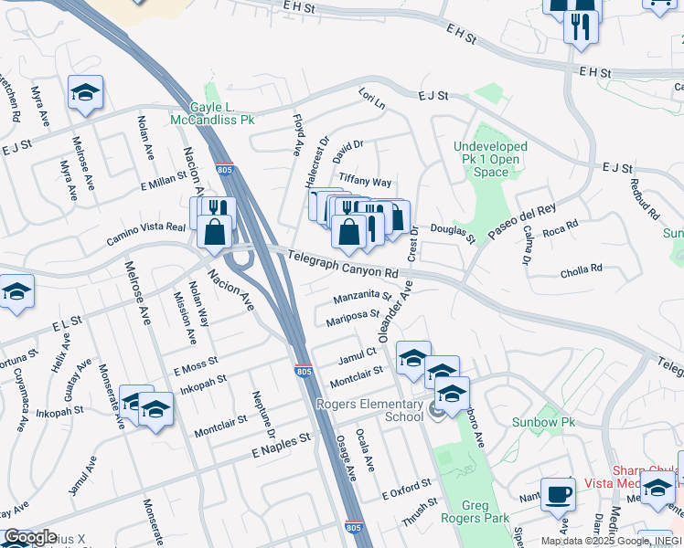 map of restaurants, bars, coffee shops, grocery stores, and more near 554 Telegraph Canyon Road in Chula Vista