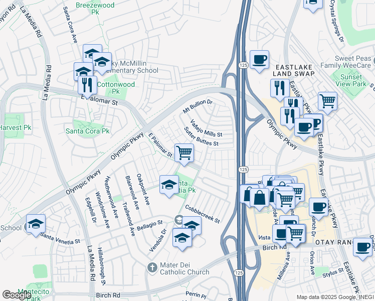 map of restaurants, bars, coffee shops, grocery stores, and more near 89 View Park Way in Chula Vista